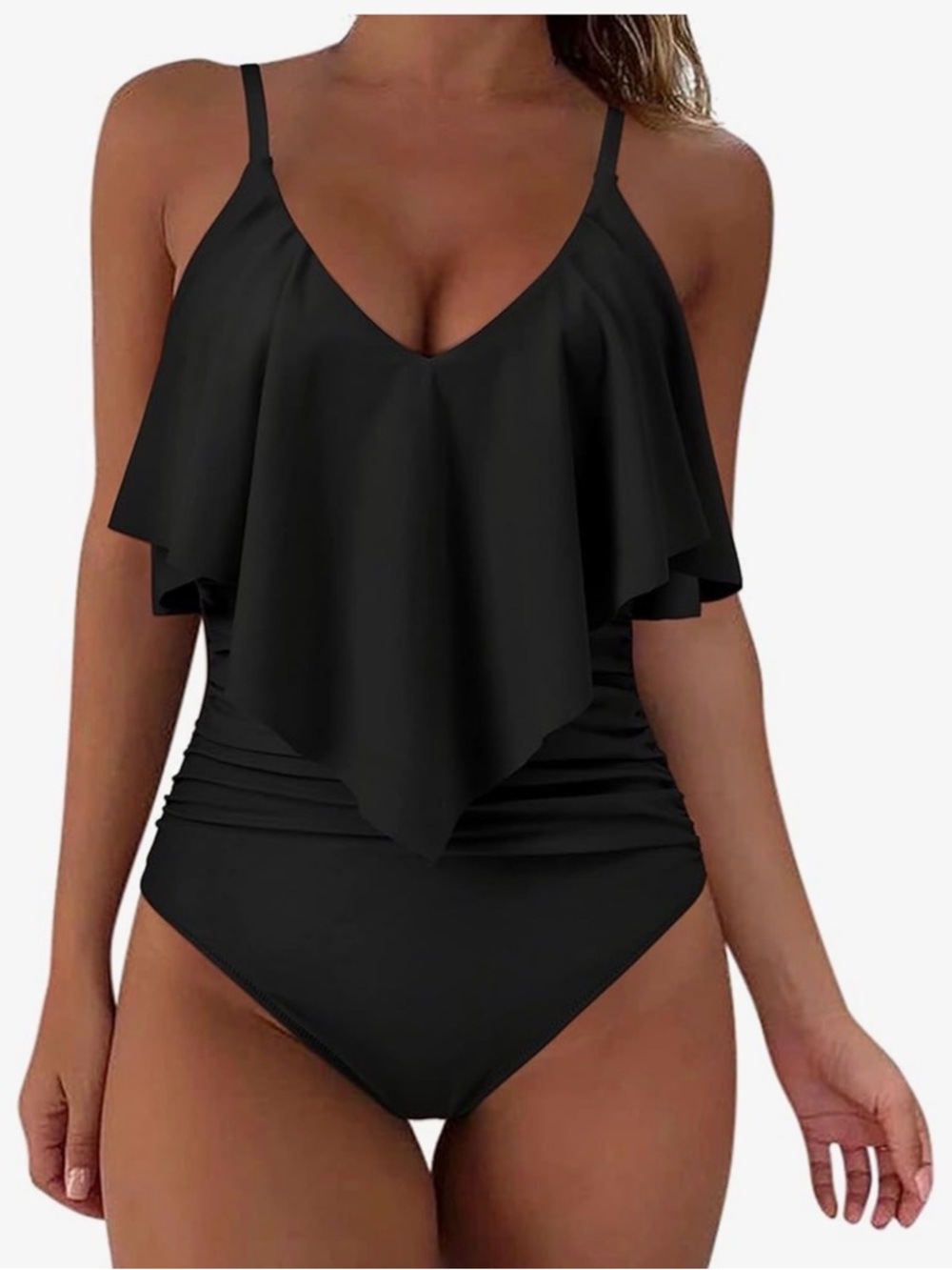 Black Ruffle V-Neck One-Piece Swimsuit NWOT